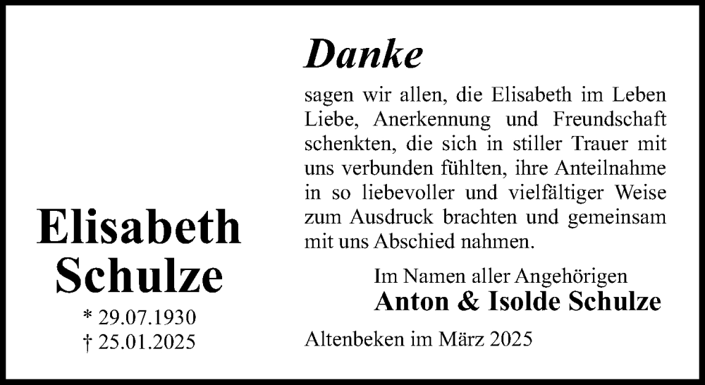  Traueranzeige für Elisabeth Schulze vom 08.03.2025 aus Neue Westfälische und Westfalen-Blatt