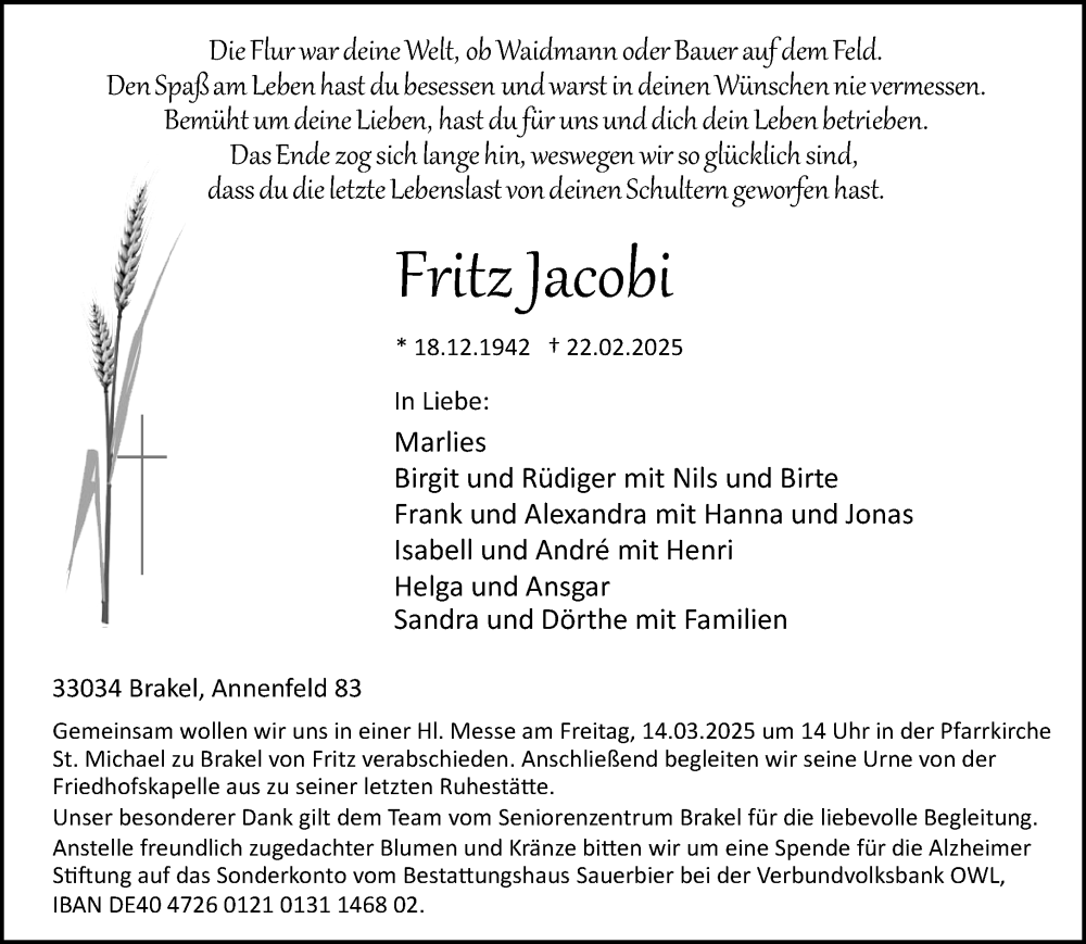  Traueranzeige für Fritz Jacobi vom 01.03.2025 aus Neue Westfälische und Westfalen-Blatt