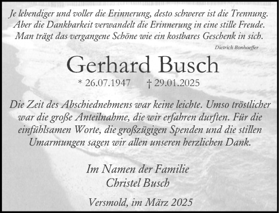 Traueranzeige von Gerhard Busch von Neue Westfälische und Westfalen-Blatt