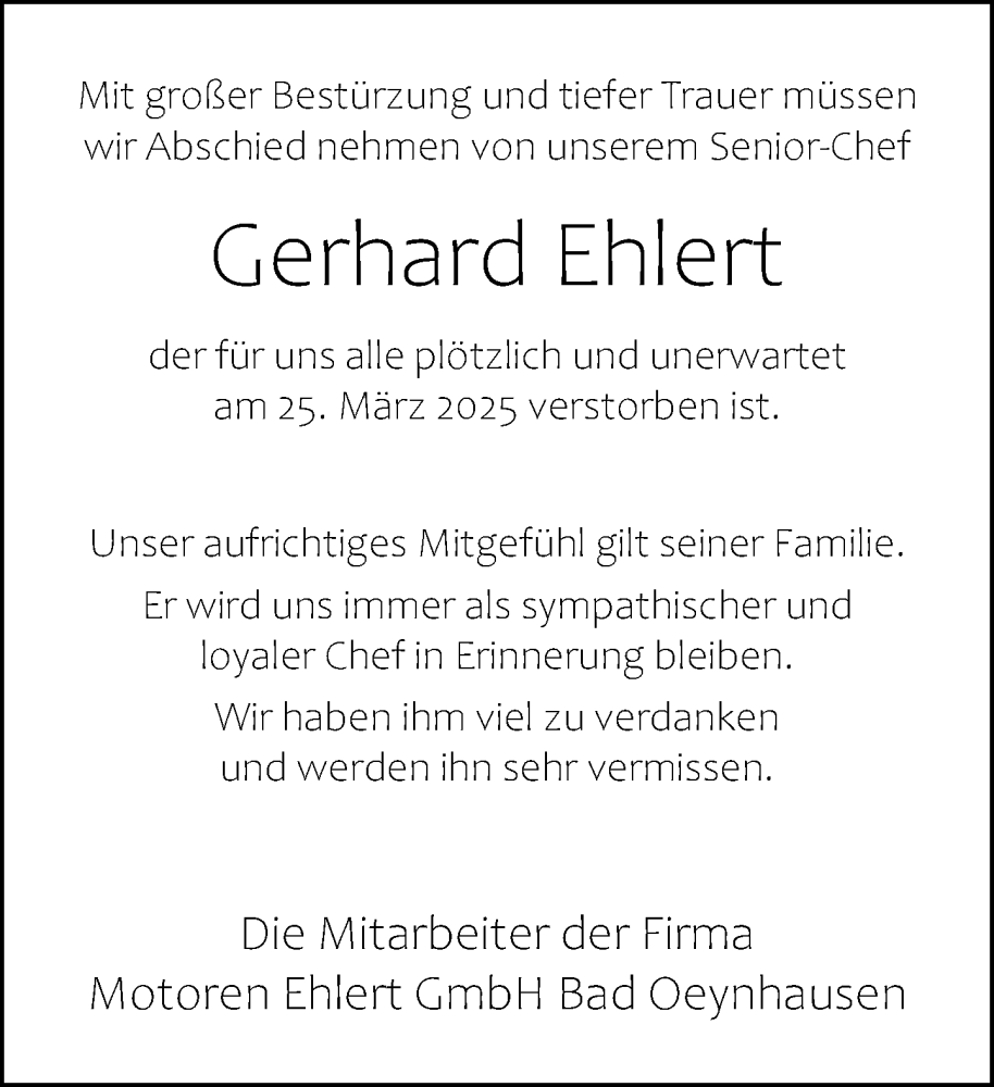  Traueranzeige für Gerhard Ehlert vom 29.03.2025 aus Neue Westfälische und Westfalen-Blatt