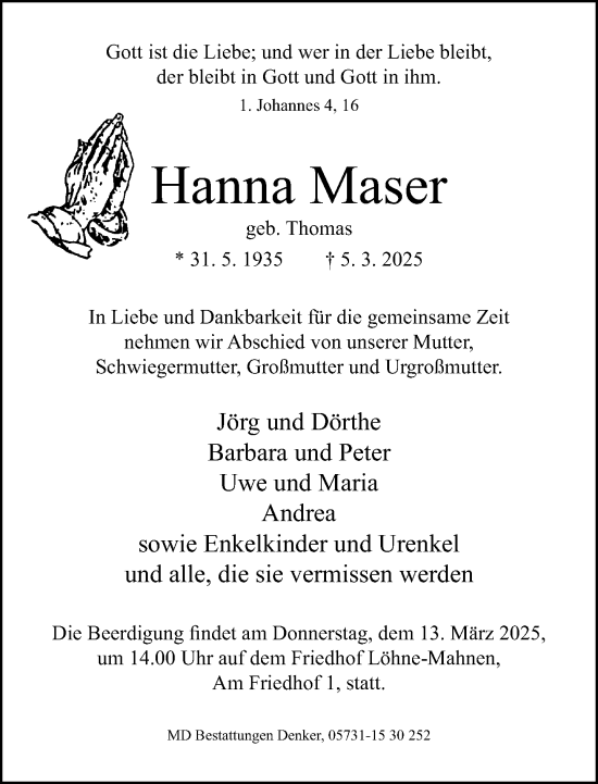 Traueranzeige von Hanna Maser von Neue Westfälische und Westfalen-Blatt