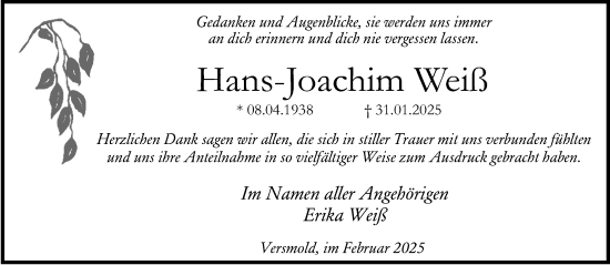 Traueranzeige von Hans-Joachim Weiß von Neue Westfälische und Westfalen-Blatt