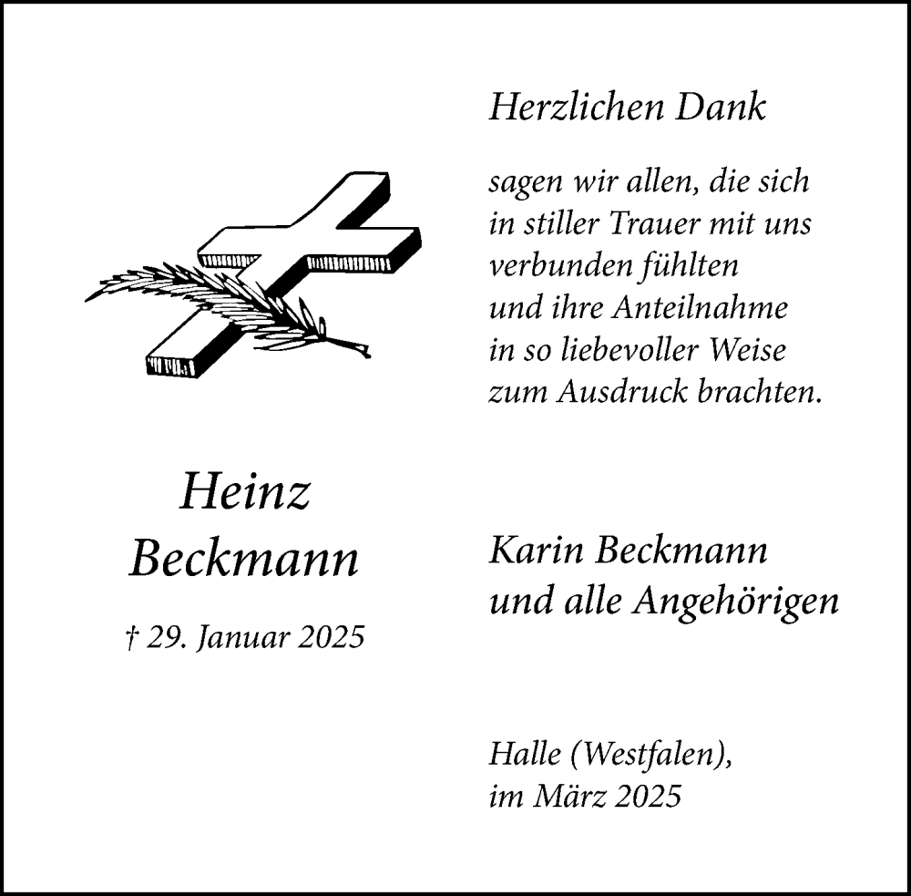  Traueranzeige für Heinz Beckmann vom 01.03.2025 aus Neue Westfälische und Westfalen-Blatt