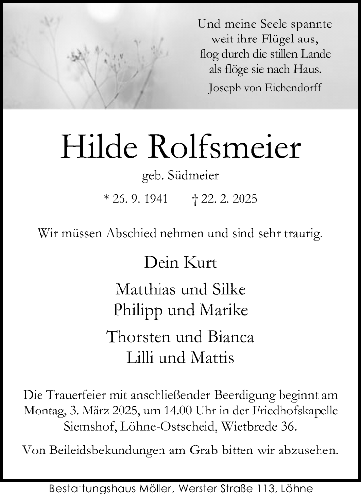  Traueranzeige für Hilde Rolfsmeier vom 01.03.2025 aus Neue Westfälische und Westfalen-Blatt