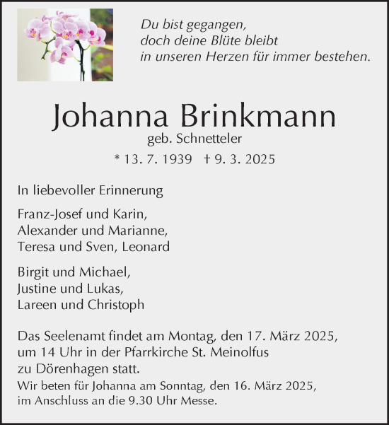 Traueranzeige von Johanna Brinkmann von Neue Westfälische und Westfalen-Blatt