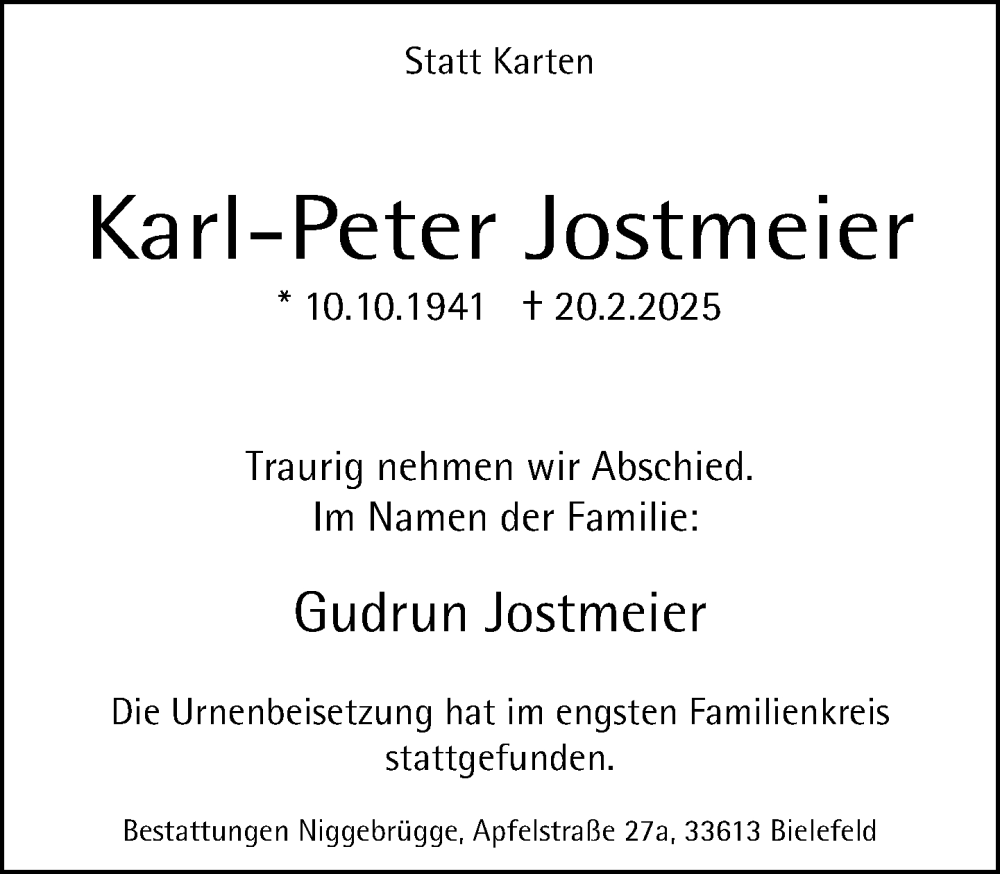  Traueranzeige für Karl-Peter Jostmeier vom 08.03.2025 aus Neue Westfälische und Westfalen-Blatt