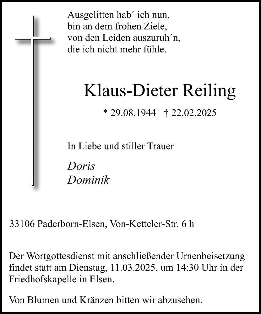  Traueranzeige für Klaus-Dieter Reiling vom 01.03.2025 aus Neue Westfälische und Westfalen-Blatt