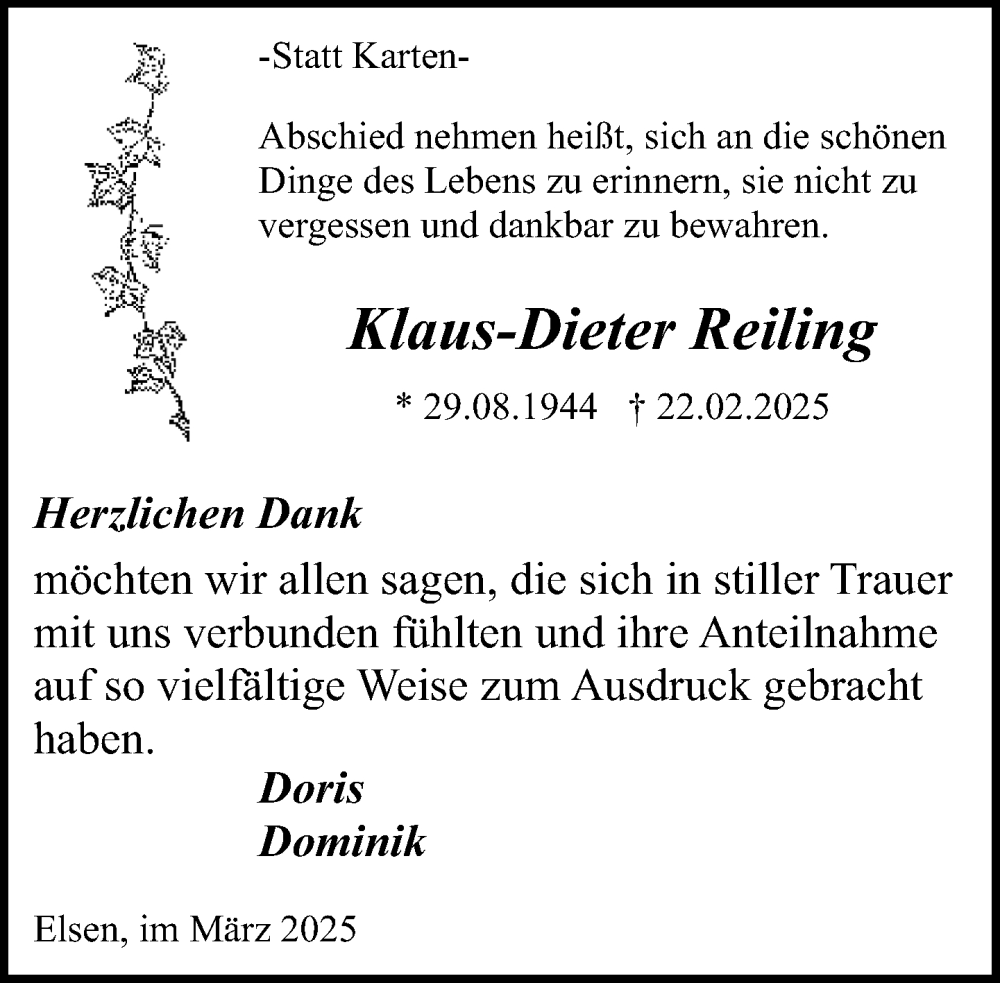  Traueranzeige für Klaus-Dieter Reiling vom 29.03.2025 aus Neue Westfälische und Westfalen-Blatt
