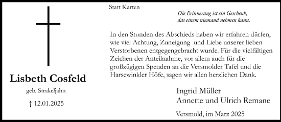 Traueranzeige von Lisbeth Cosfeld von Neue Westfälische und Westfalen-Blatt