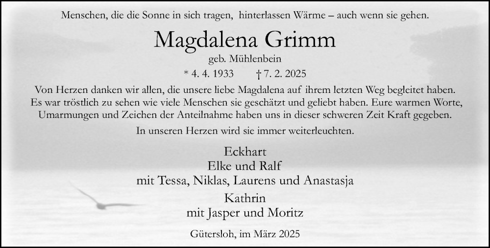  Traueranzeige für Magdalena Grimm vom 29.03.2025 aus Neue Westfälische und Westfalen-Blatt