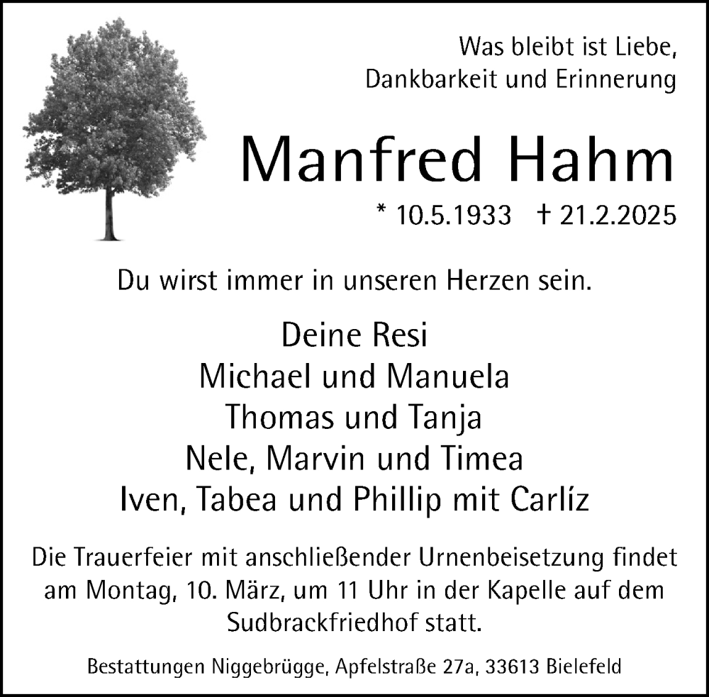  Traueranzeige für Manfred Hahm vom 01.03.2025 aus Neue Westfälische und Westfalen-Blatt