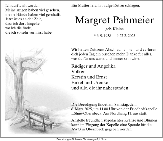 Traueranzeige von Margret Pahmeier von Neue Westfälische und Westfalen-Blatt