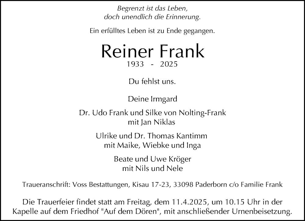  Traueranzeige für Reiner Frank vom 29.03.2025 aus Neue Westfälische und Westfalen-Blatt