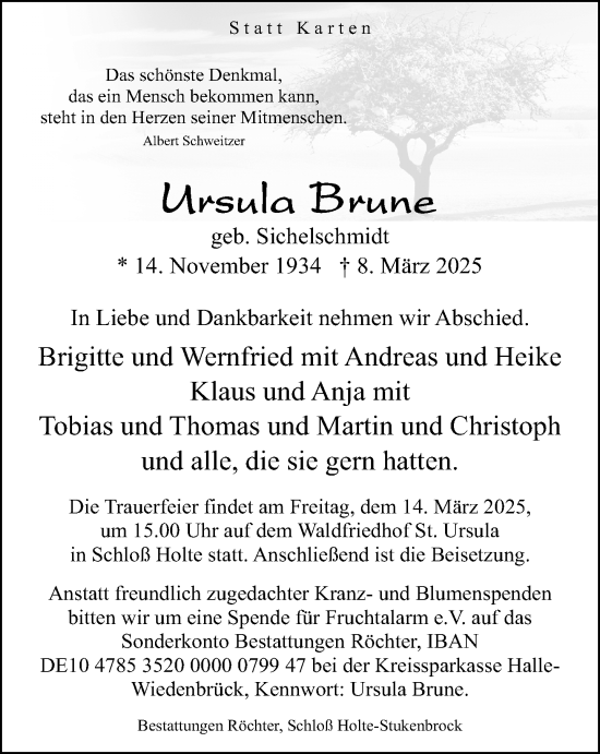 Traueranzeige von Ursula Brune von Neue Westfälische und Westfalen-Blatt