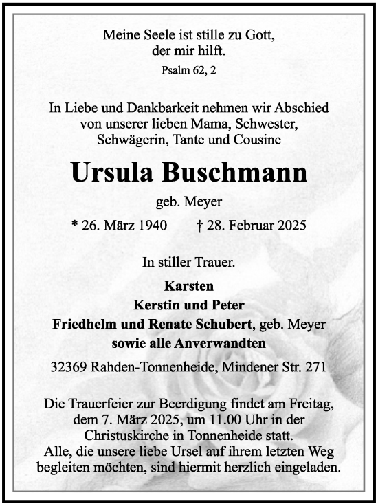 Traueranzeige von Ursula Buschmann von Neue Westfälische und Westfalen-Blatt