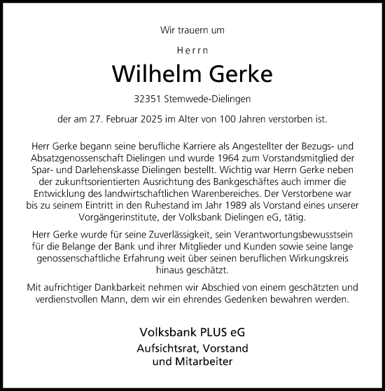 Traueranzeige von Wilhelm Gerke von Neue Westfälische und Westfalen-Blatt