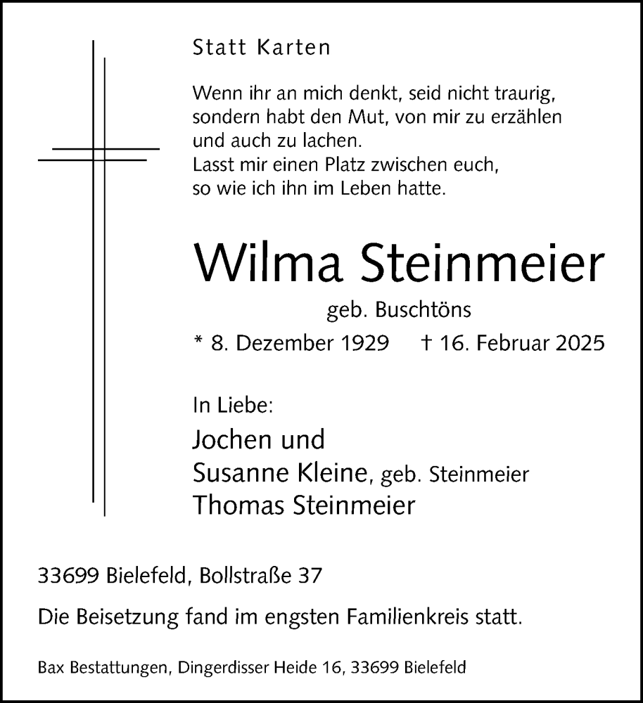  Traueranzeige für Wilma Steinmeier vom 01.03.2025 aus Neue Westfälische und Westfalen-Blatt