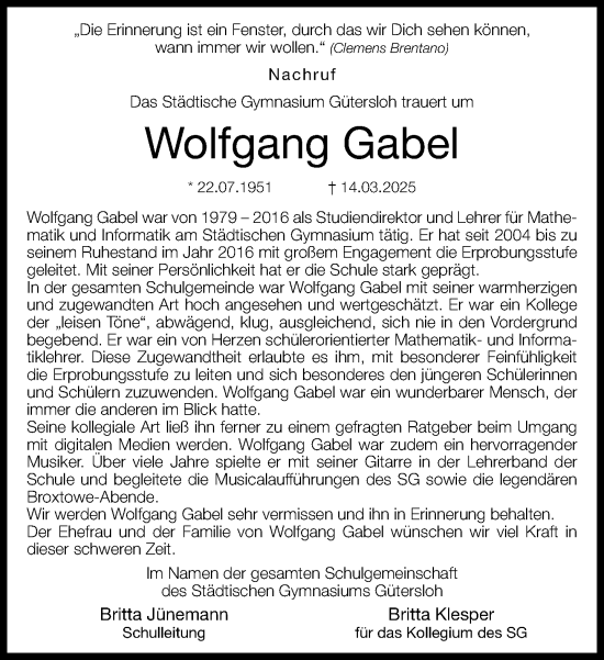 Traueranzeige von Wolfgang Gabel von Neue Westfälische und Westfalen-Blatt
