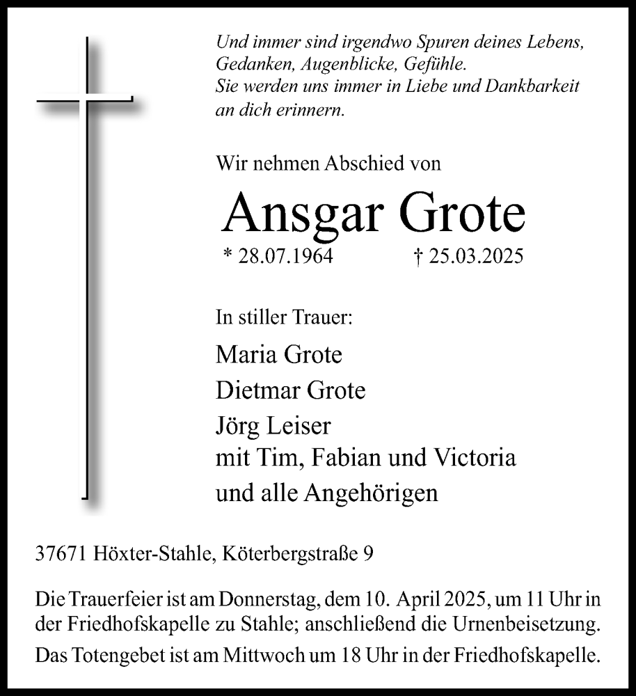  Traueranzeige für Ansgar Grote vom 05.04.2025 aus Neue Westfälische und Westfalen-Blatt