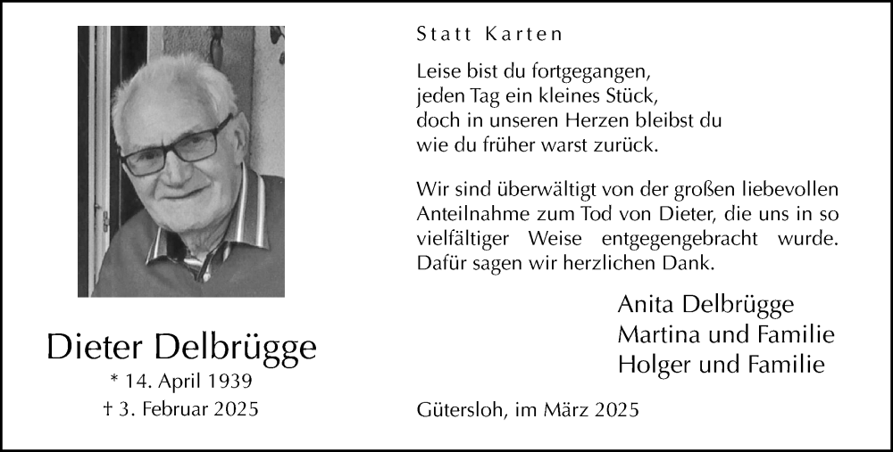 Traueranzeige für Dieter Delbrügge vom 15.03.2025 aus Neue Westfälische und Westfalen-Blatt
