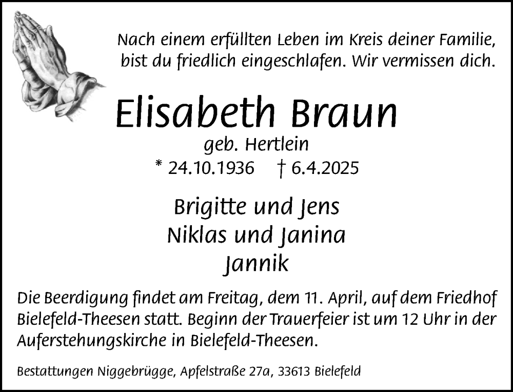  Traueranzeige für Elisabeth Braun vom 09.04.2025 aus Neue Westfälische und Westfalen-Blatt