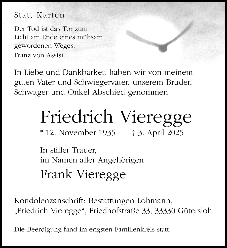  Traueranzeige für Friedrich Vieregge vom 19.04.2025 aus Neue Westfälische und Westfalen-Blatt