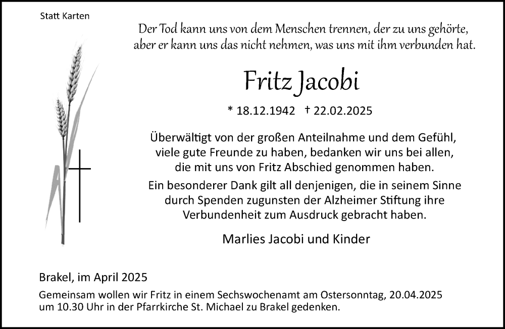  Traueranzeige für Fritz Jacobi vom 12.04.2025 aus Neue Westfälische und Westfalen-Blatt