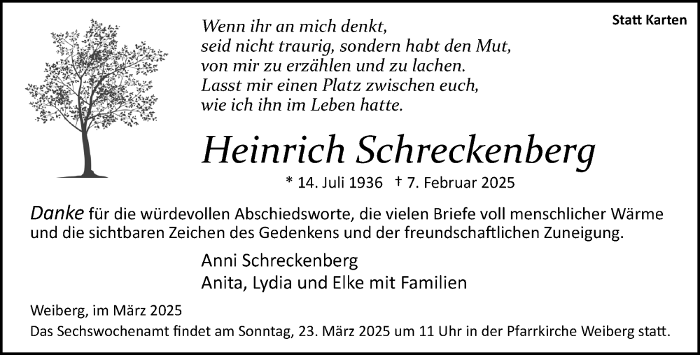  Traueranzeige für Heinrich Schreckenberg vom 15.03.2025 aus Neue Westfälische und Westfalen-Blatt