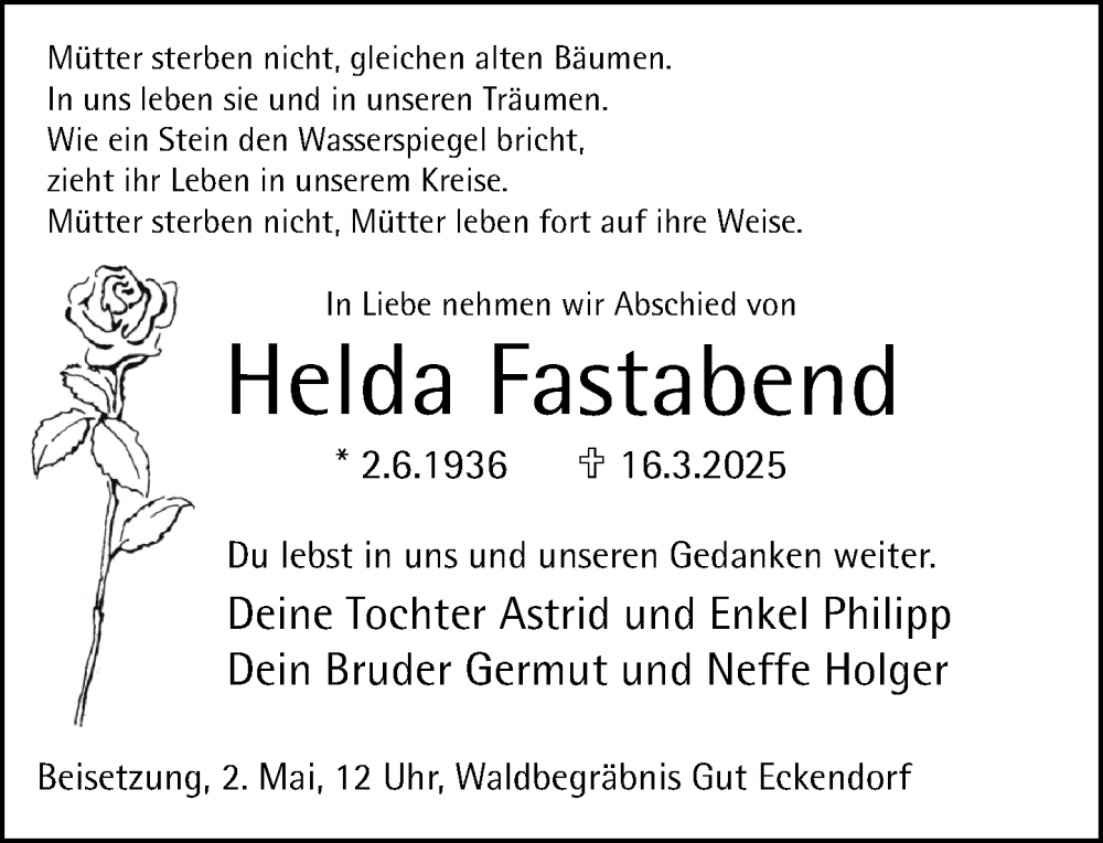  Traueranzeige für Helda Fastabend vom 19.04.2025 aus Neue Westfälische und Westfalen-Blatt