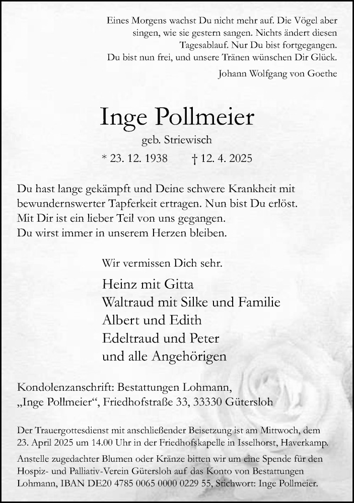  Traueranzeige für Inge Pollmeier vom 19.04.2025 aus Neue Westfälische und Westfalen-Blatt