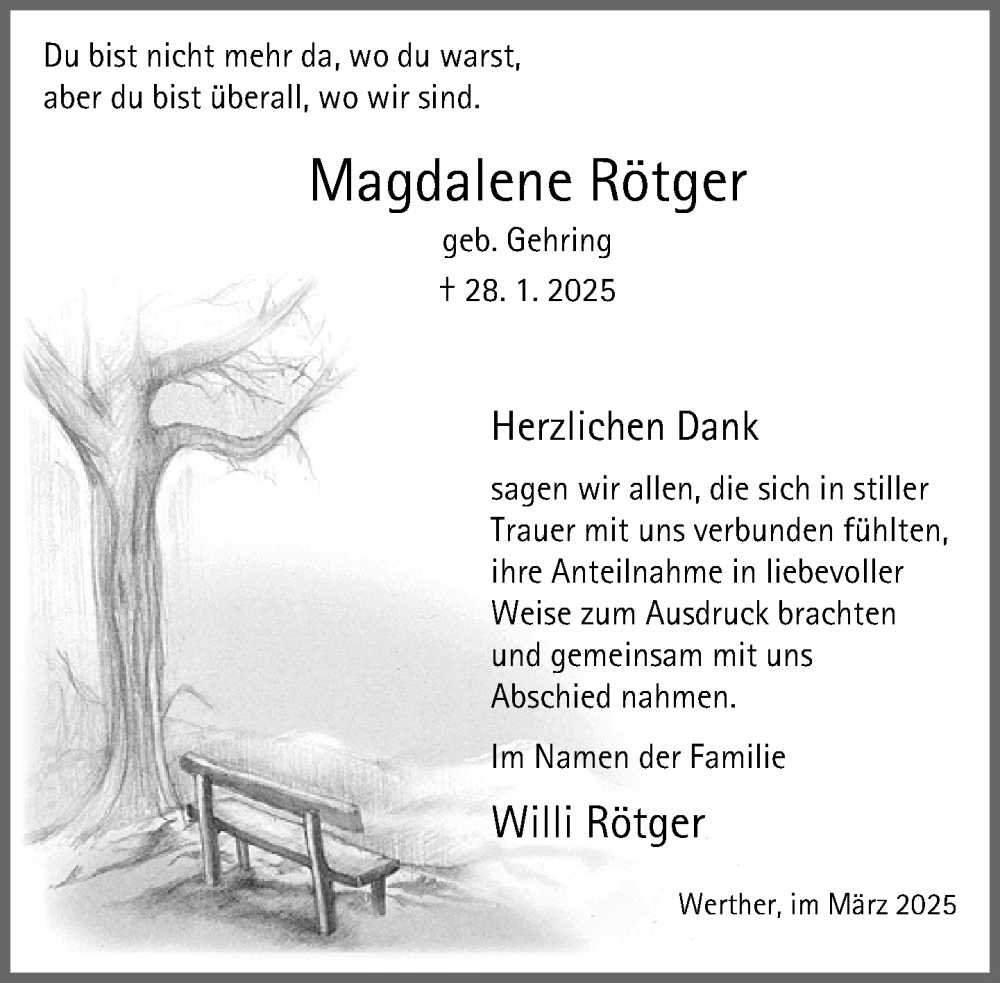  Traueranzeige für Magdalene Rötger vom 15.03.2025 aus Neue Westfälische und Westfalen-Blatt