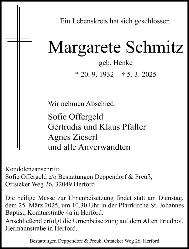  Traueranzeige für Margarete Schmitz vom 15.03.2025 aus Neue Westfälische und Westfalen-Blatt