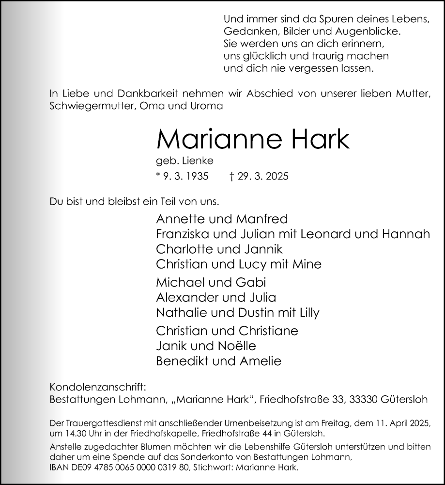 Traueranzeige für Marianne Hark vom 05.04.2025 aus Neue Westfälische und Westfalen-Blatt