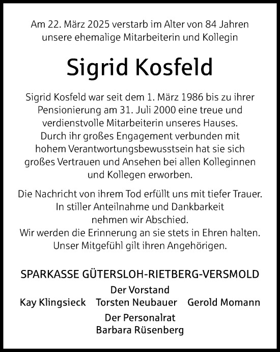 Traueranzeige von Sigrid Kosfeld von Neue Westfälische und Westfalen-Blatt