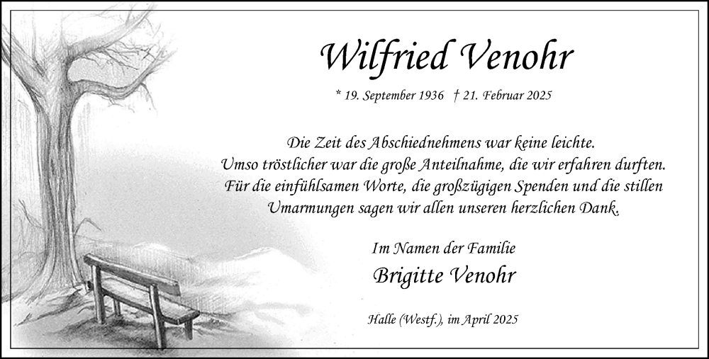  Traueranzeige für Wilfried Venohr vom 30.04.2025 aus Neue Westfälische und Westfalen-Blatt