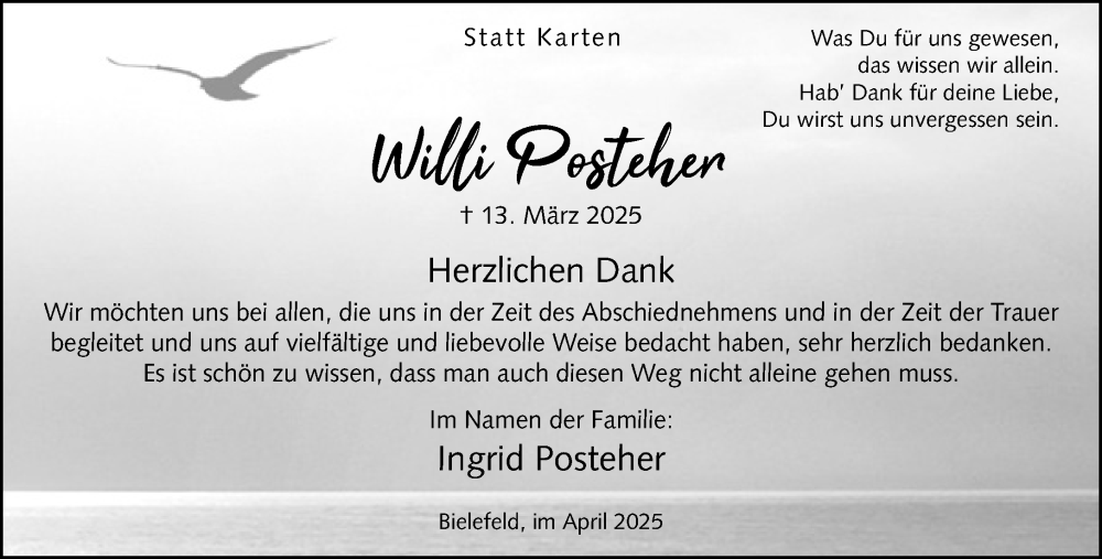  Traueranzeige für Will Posteher vom 26.04.2025 aus Neue Westfälische und Westfalen-Blatt