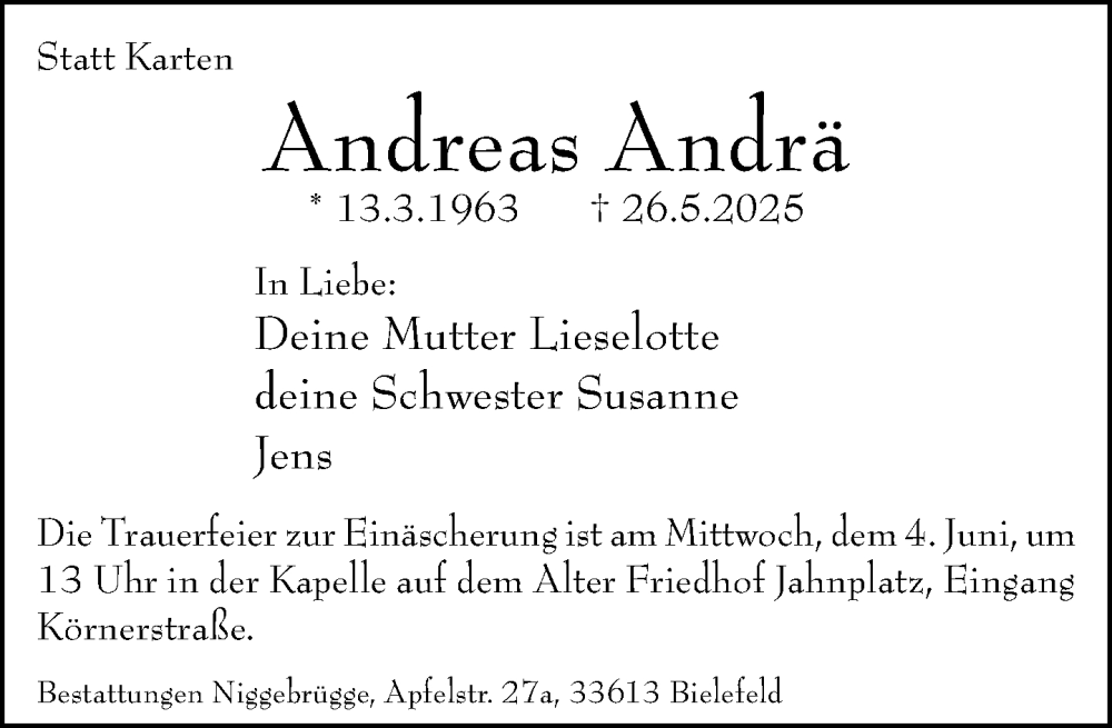  Traueranzeige für Andreas Andrä vom 31.05.2025 aus Neue Westfälische und Westfalen-Blatt