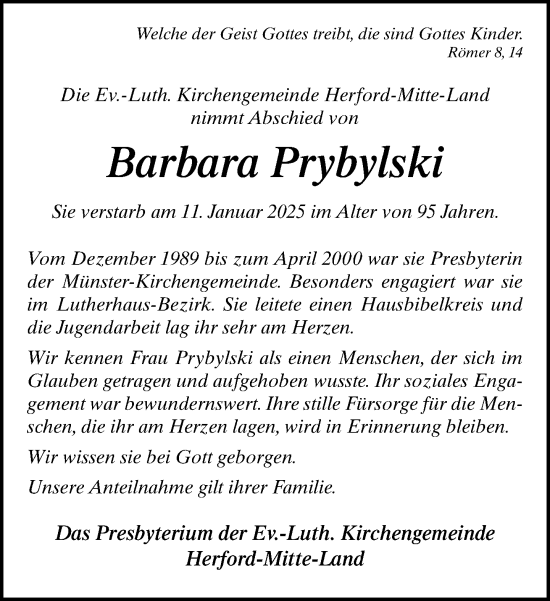 Traueranzeige von Barbara Prybylski von Neue Westfälische und Westfalen-Blatt