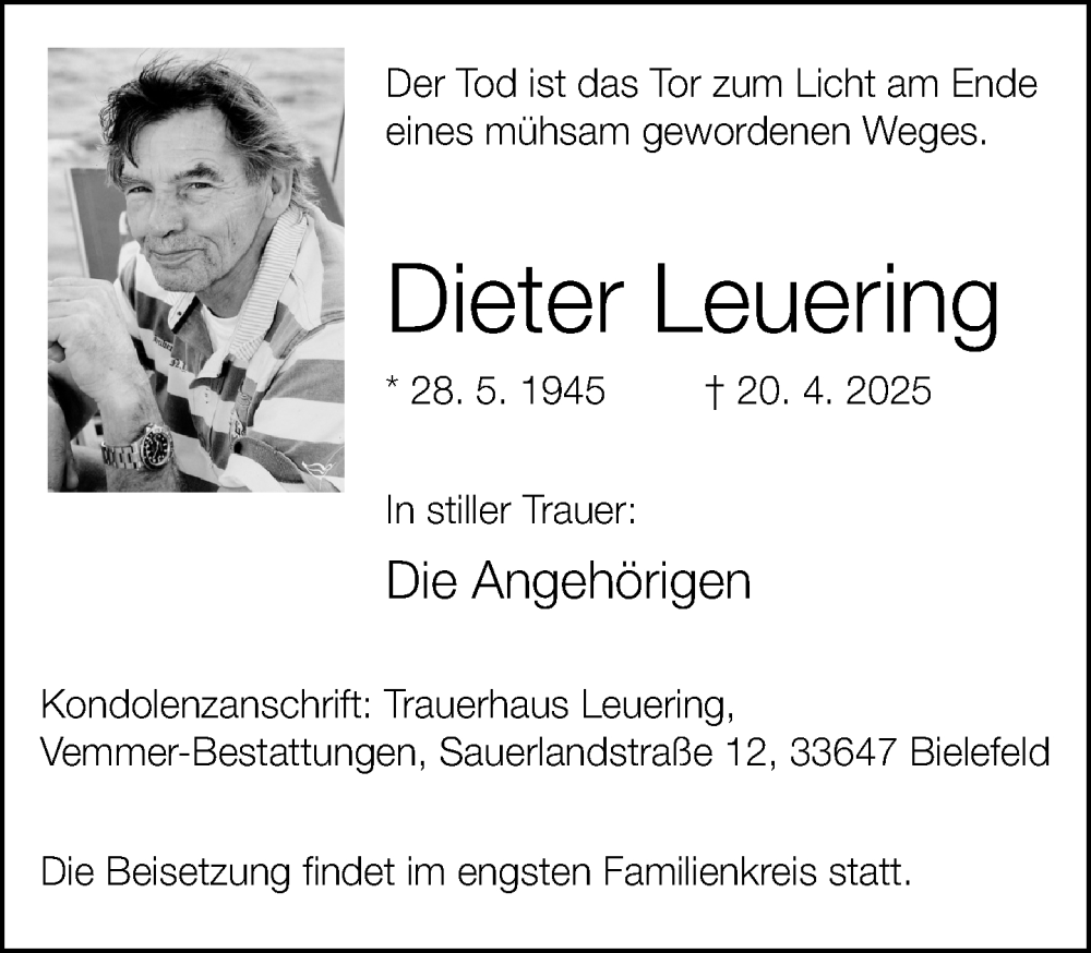  Traueranzeige für Dieter Leuering vom 03.05.2025 aus Neue Westfälische und Westfalen-Blatt