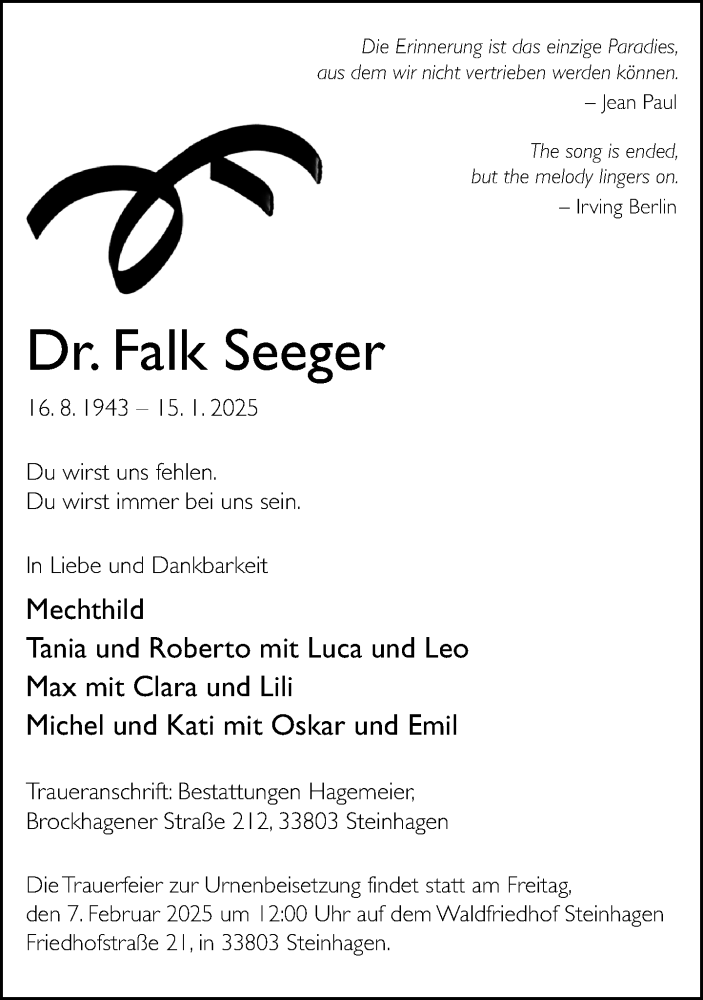  Traueranzeige für Falk Seeger vom 23.01.2025 aus Neue Westfälische und Westfalen-Blatt