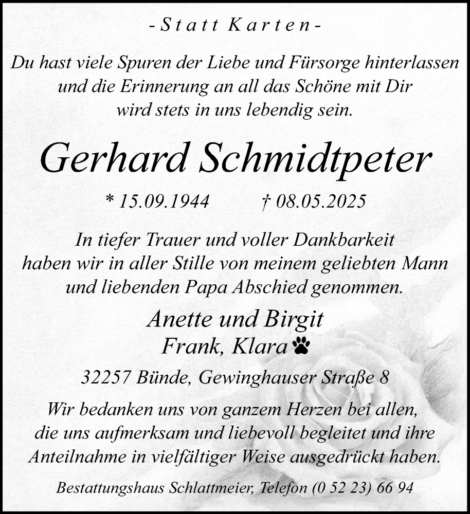 Traueranzeige für Gerhard Schmidtpeter vom 24.05.2025 aus Neue Westfälische und Westfalen-Blatt