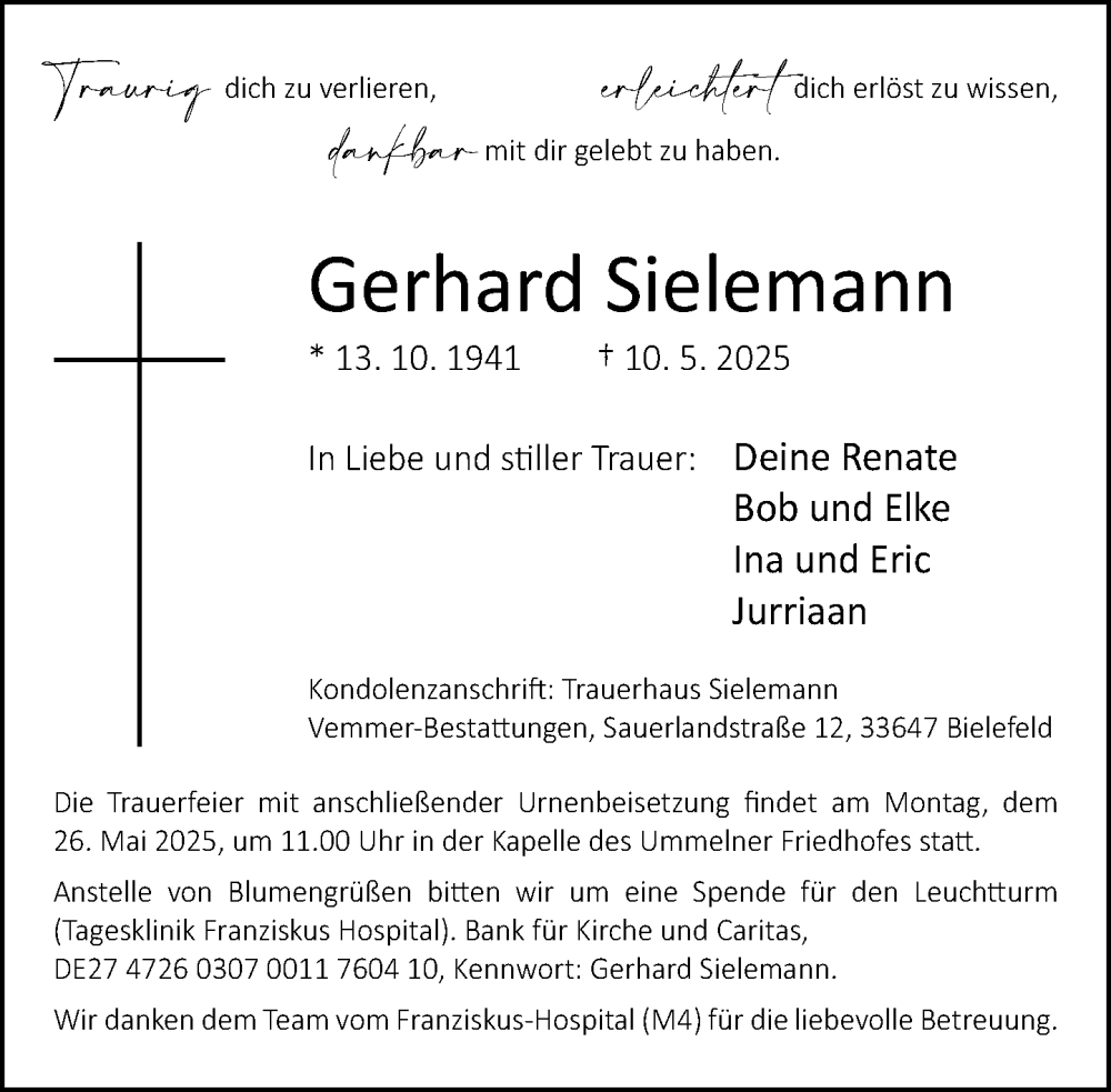  Traueranzeige für Gerhard Sielemann vom 17.05.2025 aus Neue Westfälische und Westfalen-Blatt