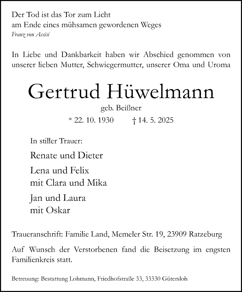  Traueranzeige für Gertrud Hüwelmann vom 22.05.2025 aus Neue Westfälische und Westfalen-Blatt