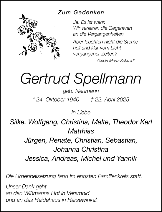 Traueranzeige von Gertrud Spellmann von Neue Westfälische und Westfalen-Blatt