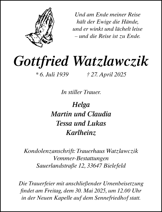 Traueranzeige von Gottfried Watzlawczik von Neue Westfälische und Westfalen-Blatt