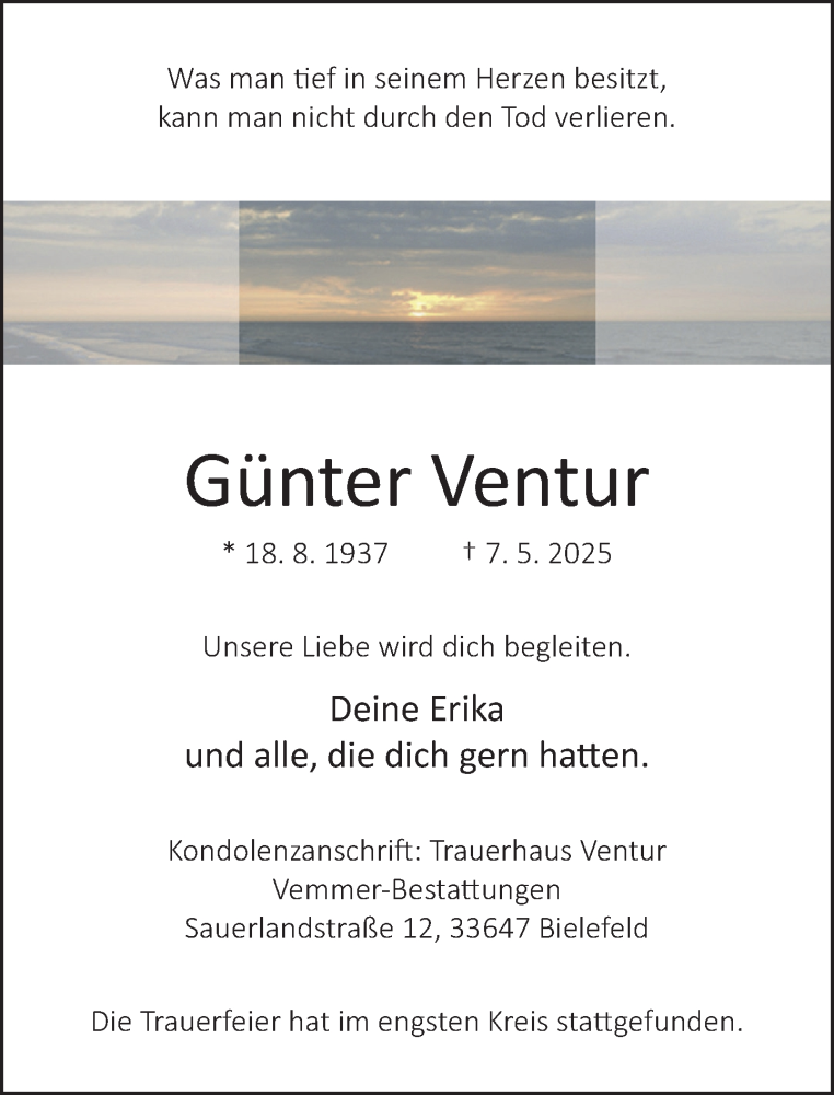  Traueranzeige für Günter Ventur vom 24.05.2025 aus Neue Westfälische und Westfalen-Blatt