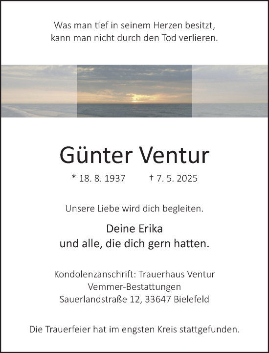 Traueranzeige von Günter Ventur von Neue Westfälische und Westfalen-Blatt