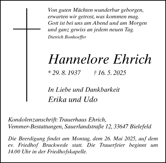 Traueranzeige von Hannelore Ehrich von Neue Westfälische und Westfalen-Blatt