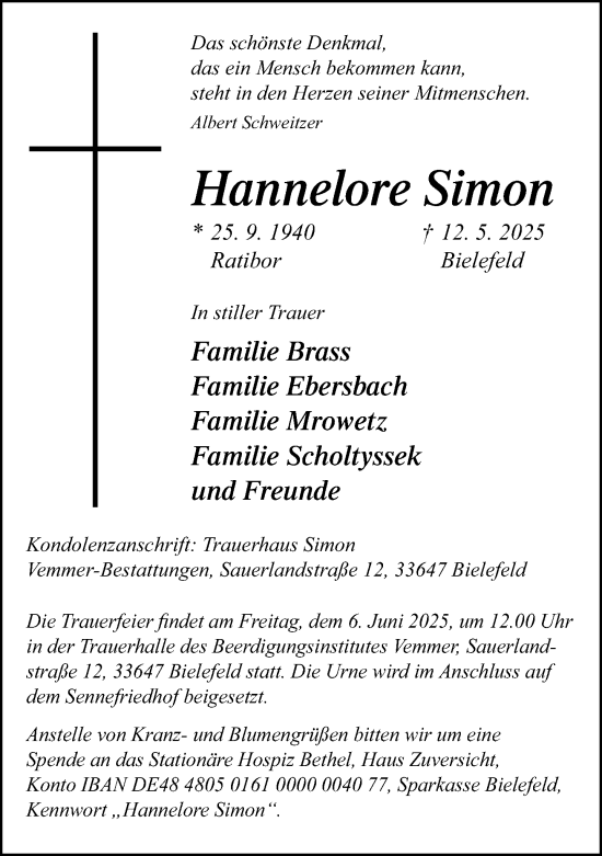 Traueranzeige von Hannelore Simon von Neue Westfälische und Westfalen-Blatt