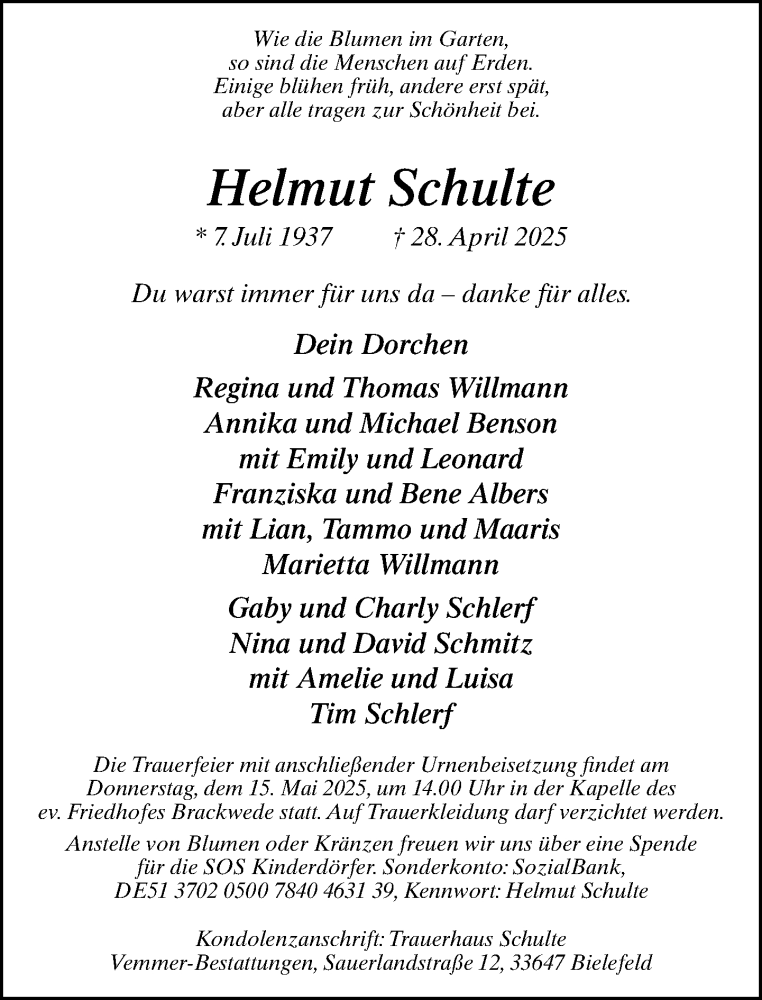  Traueranzeige für Helmut Schulte vom 03.05.2025 aus Neue Westfälische und Westfalen-Blatt